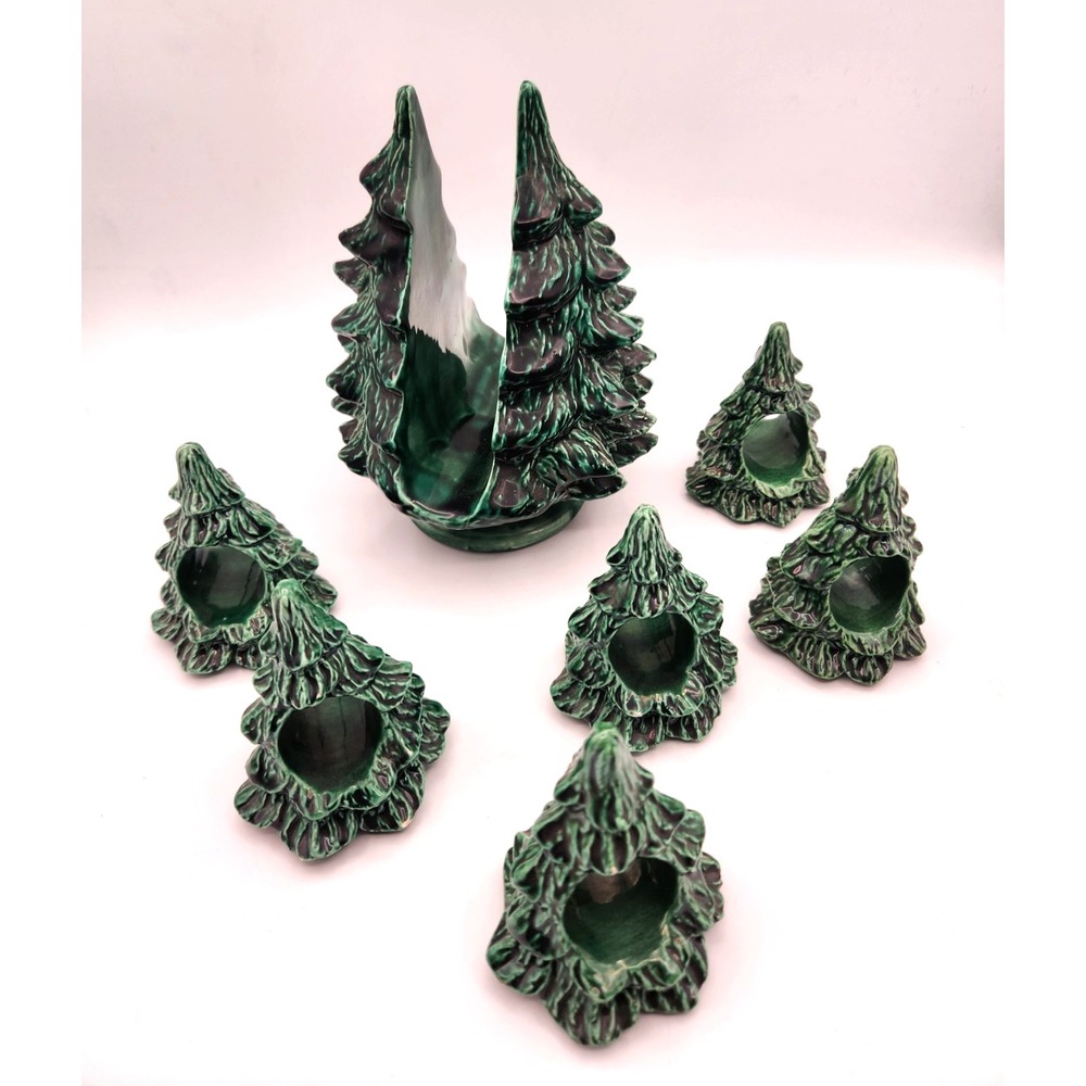 Christmas Tree Napkin Holder & 6 Matching Napkin Rings Green Ceramic Vintage - Picture 3 of 4